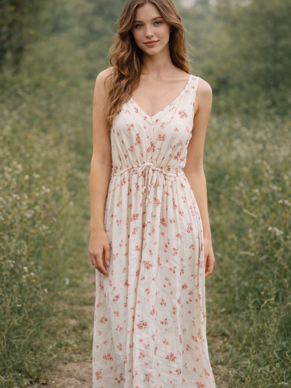 Lucky Brand Romantic Cottagecore Cream and Red Floral Maxi Dress Size L